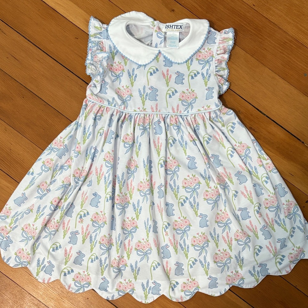 Ishtex White Floral & Blue Bunny Girls' Dress